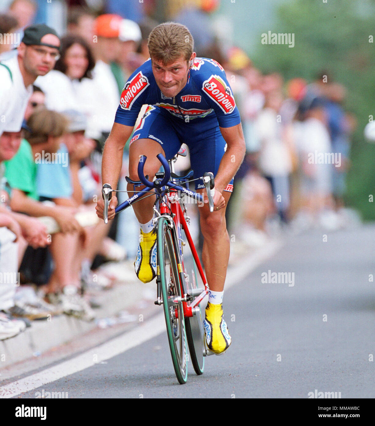 Cycling: Futuroscope, France , 1.7.2000 Tour de France Prologue Time Trial   ----  Franck BOUYER, FRA, Bonjour Stock Photo