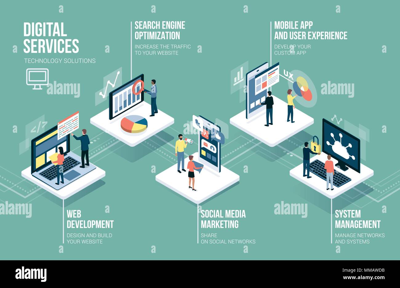 Web development, communication technology, social media and marketing services infographic with people, computers and touch screen devices Stock Vector