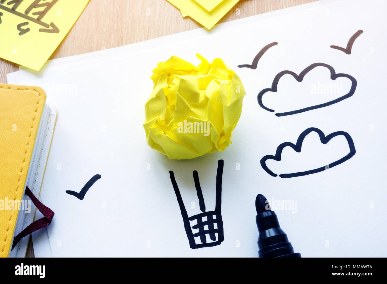 Yellow paper in form of air balloon as dreams concept. Procrastination or vacation. Stock Photo