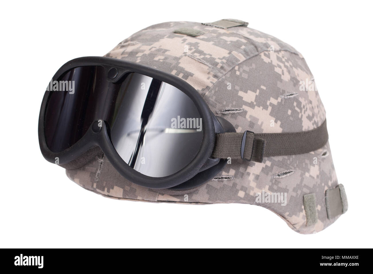 us army kevlar helmet with camouflage cover and protective goggles
