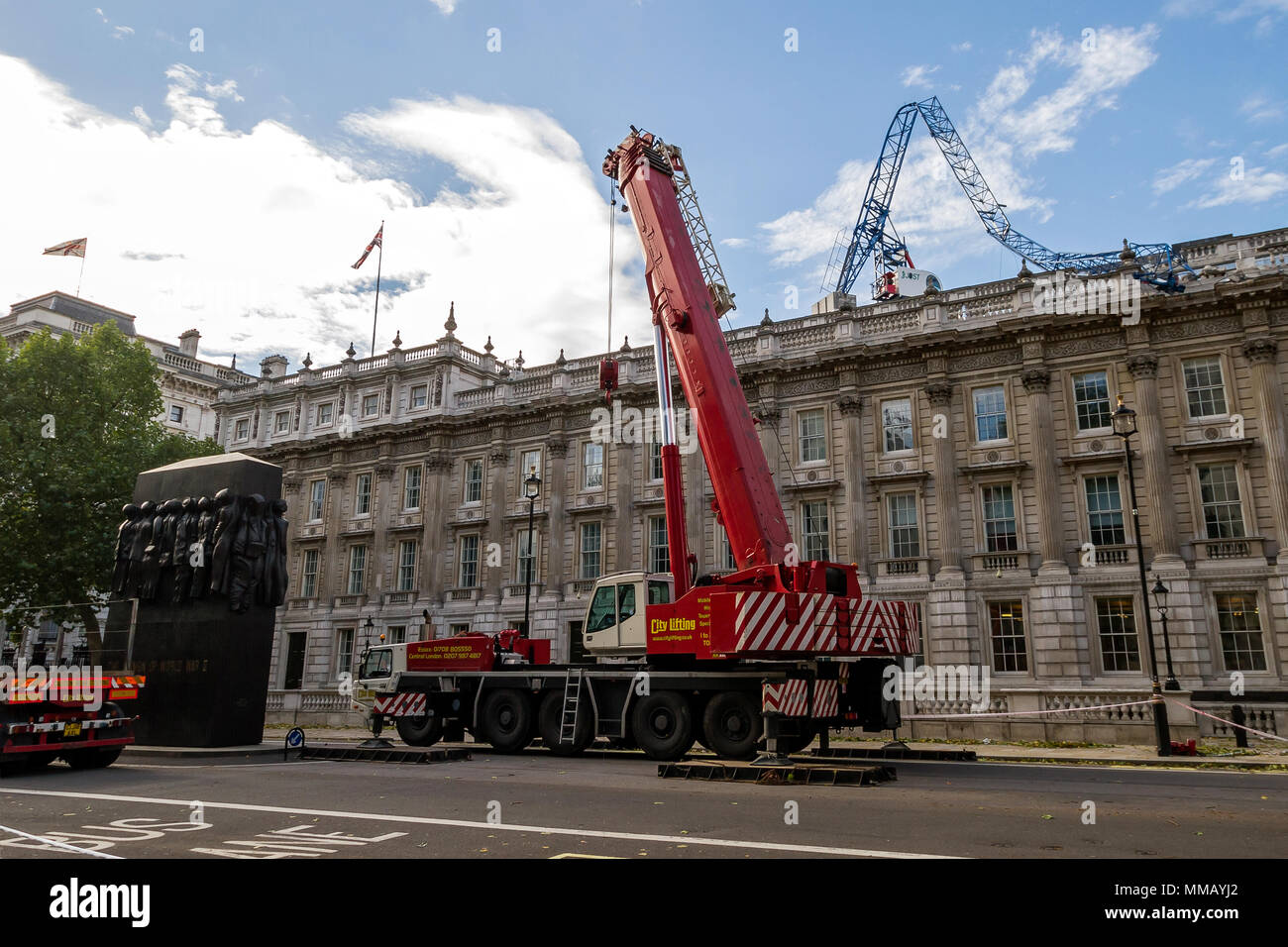 Storm damage: Buckled crane crashed on Cabinet Office roof in London, UK. Stock Photo