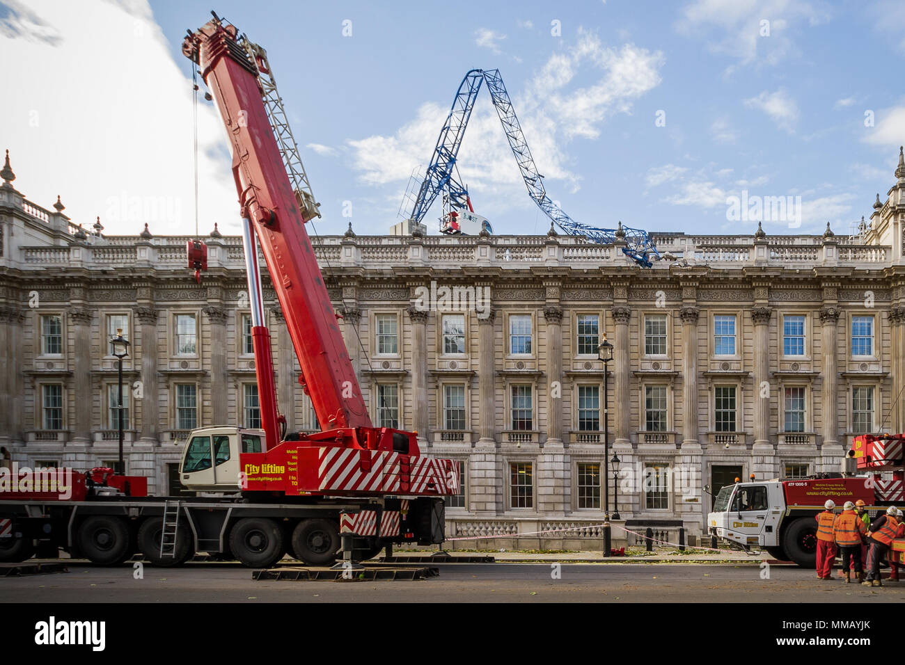 Storm damage: Buckled crane crashed on Cabinet Office roof in London, UK. Stock Photo