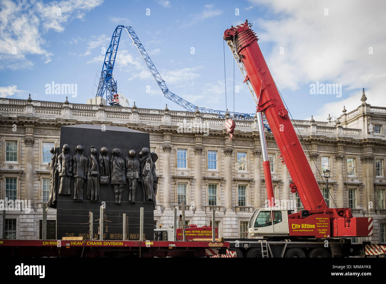 Storm damage: Buckled crane crashed on Cabinet Office roof in London, UK. Stock Photo