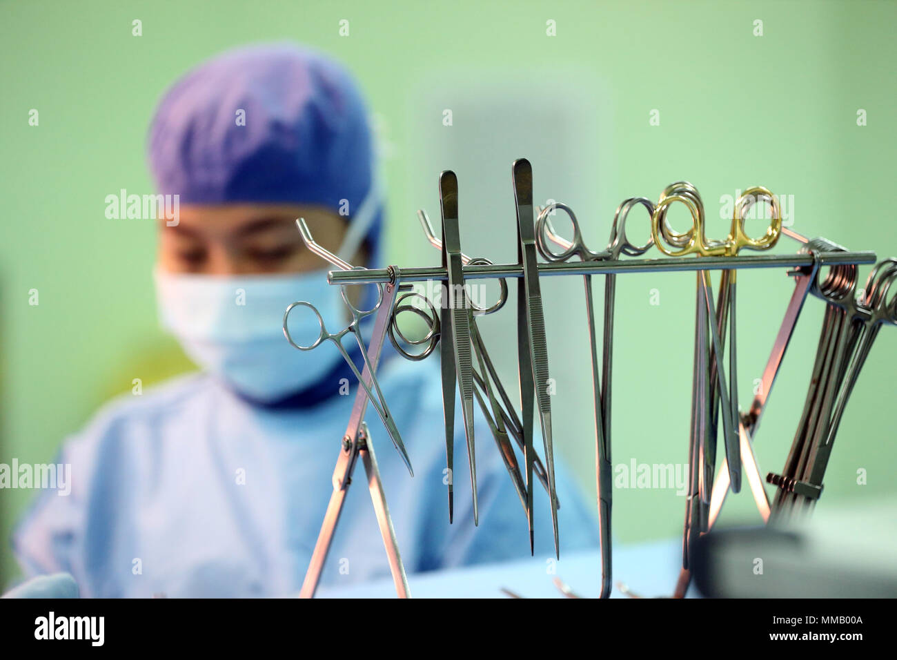 Operating theater. Cardiac surgery. Surgical instruments. Stock Photo
