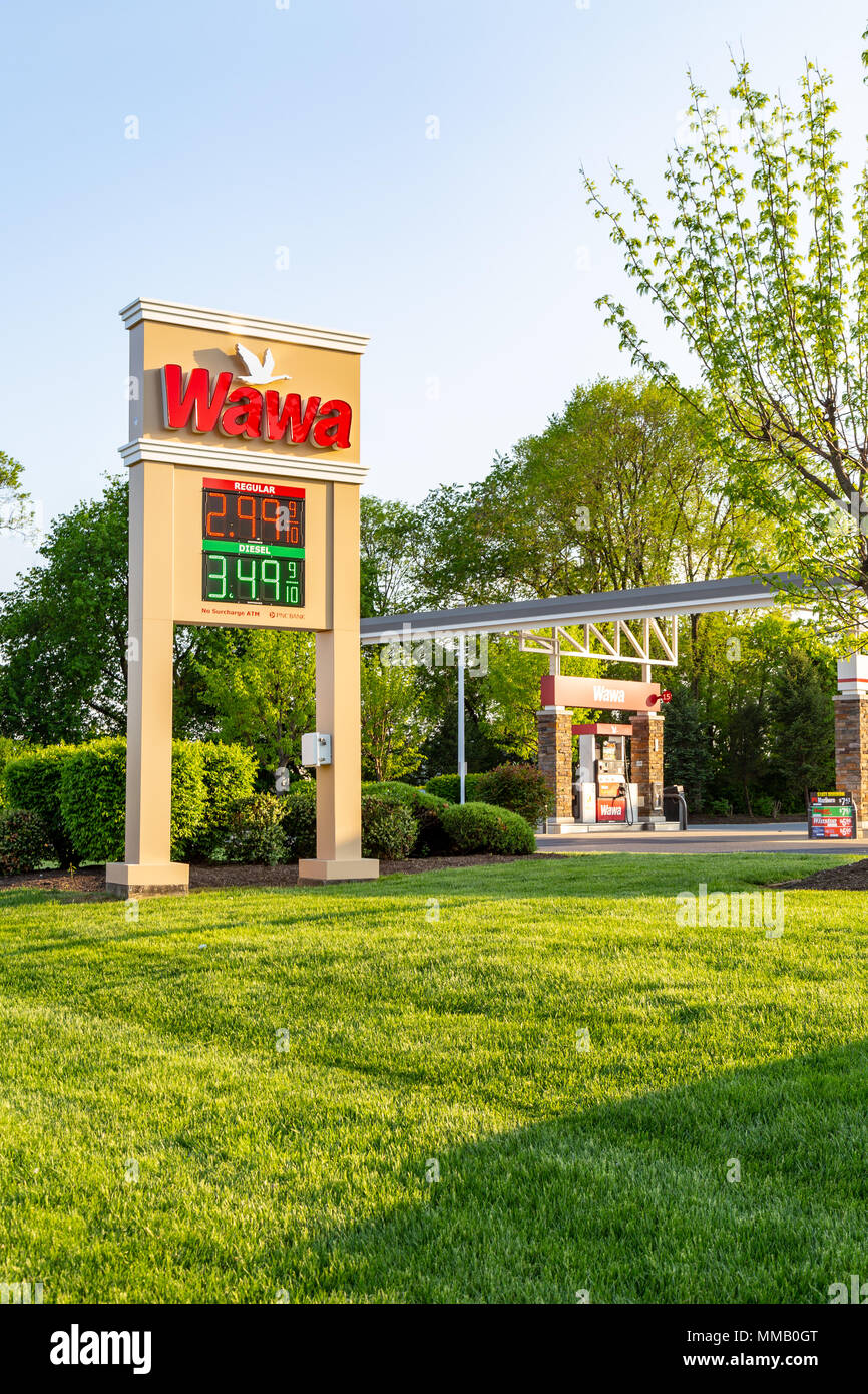 Lancaster, PA, USA May 8, 2018 Exterior sign with current gas prices