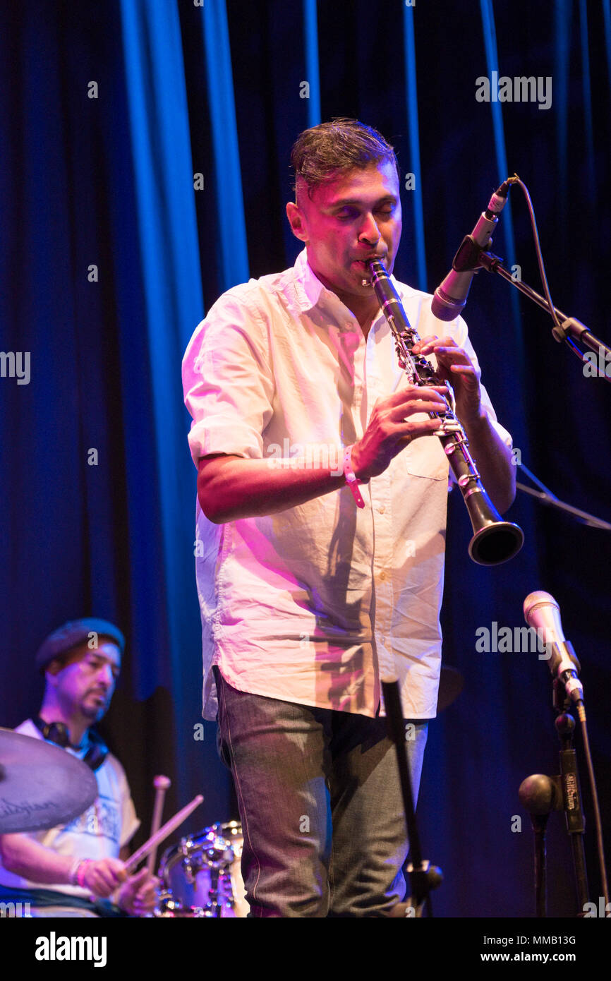 Clarinettist, Arun Ghosh performing at the Cheltenham Jazz Festival, Cheltenham ,UK. May 6, 2018 Stock Photo