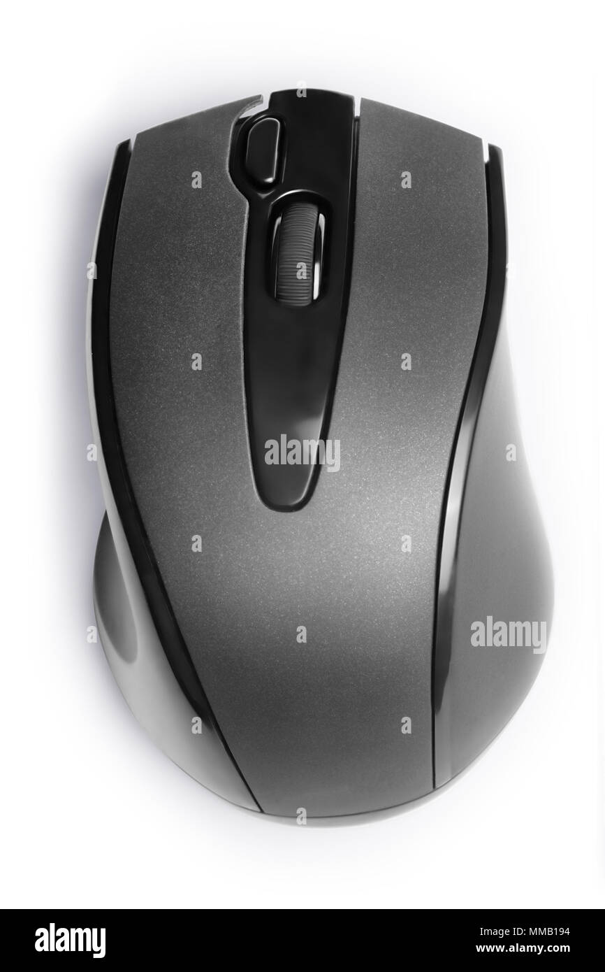 Wireless black computer mouse top view. Isolated on white, clipping path included Stock Photo