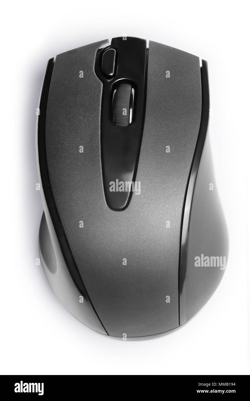 Wireless black computer mouse top view. Isolated on white, clipping