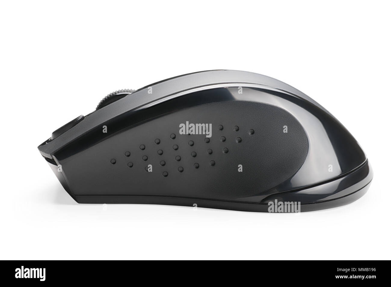 Wireless black computer mouse side view. Isolated on white, clipping path included Stock Photo