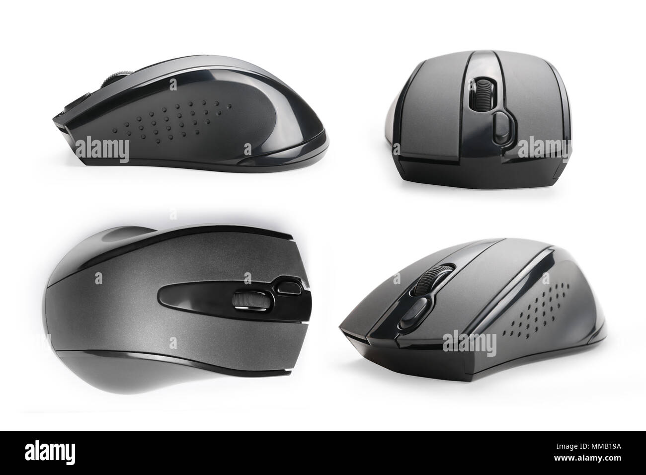 Four black wireless computer mouse views set. Isolated on white, clipping path included Stock Photo