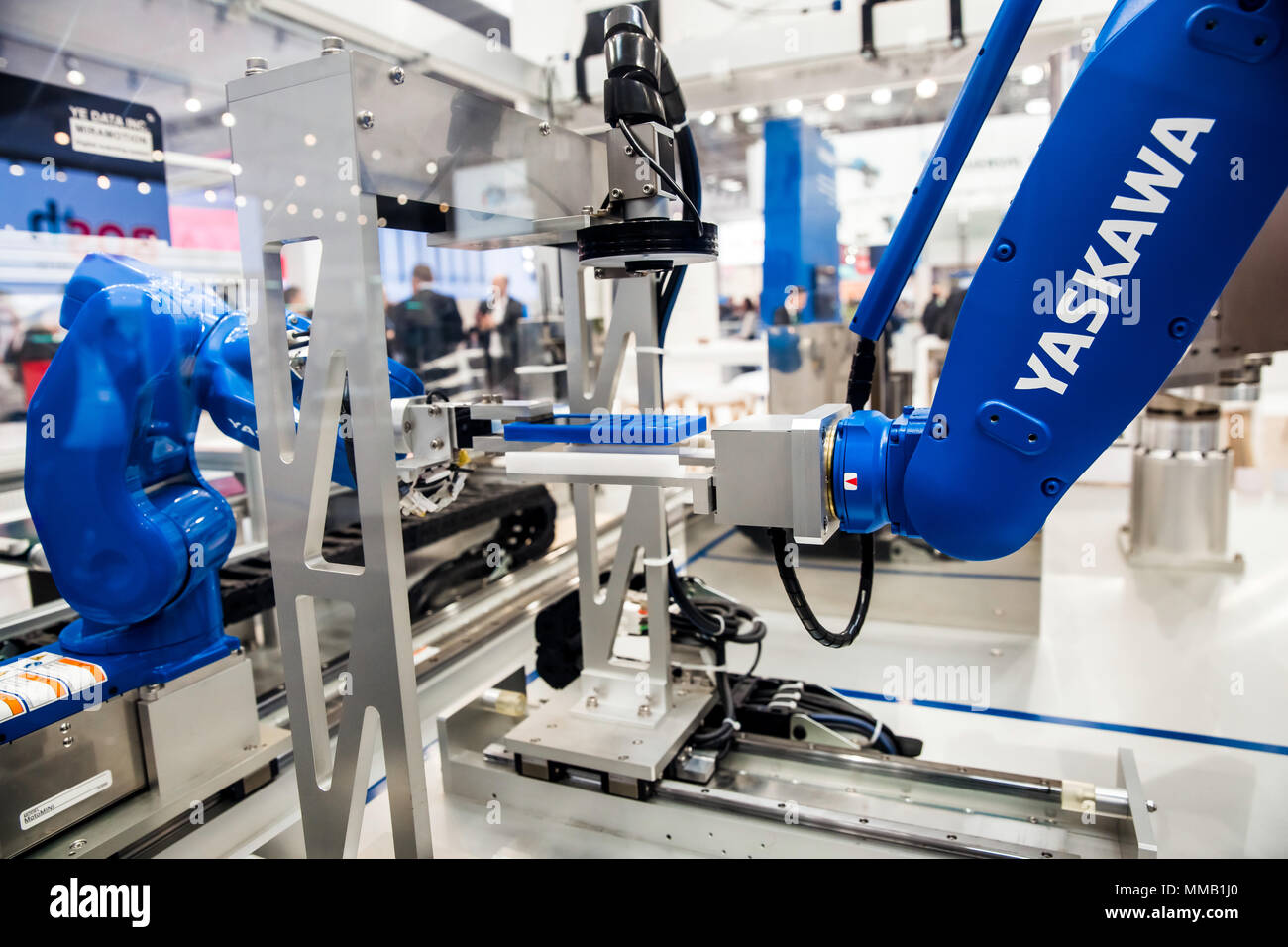 Hannover, Germany - April, 2018: Yaskawa moto mini robot arm on Messe fair in Hannover, Germany Stock Photo