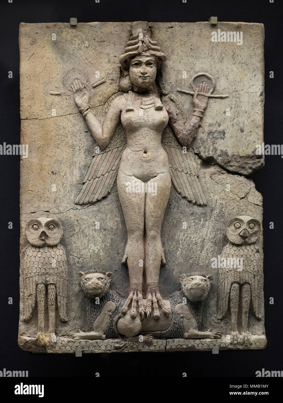 London. England. British Museum. The Queen of the Night aka Burney Relief, probably made in Babylonia (southern Iraq) between 1792 and 1750 BC, during Stock Photo