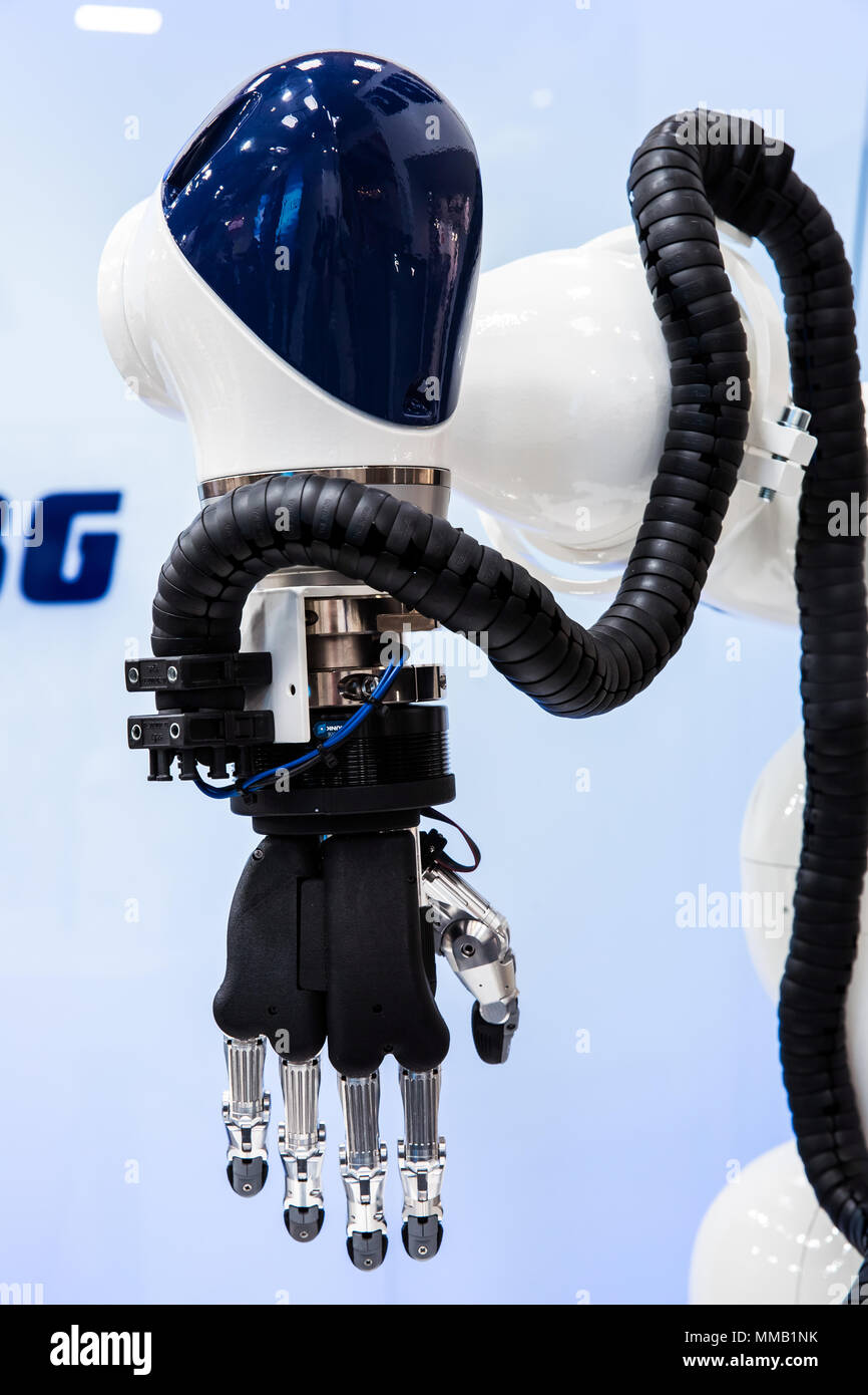Hannover, Germany - April, 2018: Robot hand on IBG booth stand on Messe fair in Hannover, Germany Stock Photo
