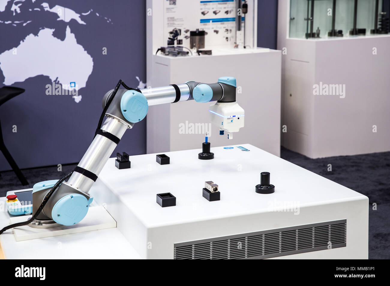 Hannover, Germany - April, 2018: Universal Robots presenting examples show how flexible and individual UR robots can be used for every requirement and Stock Photo