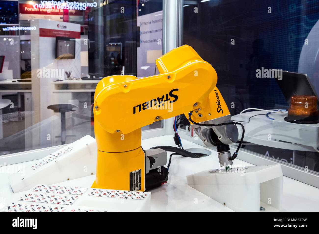 Hannover, Germany - April, 2018: Automatic Staubli Industrial Robot on Messe fair in Hannover, Germany Stock Photo
