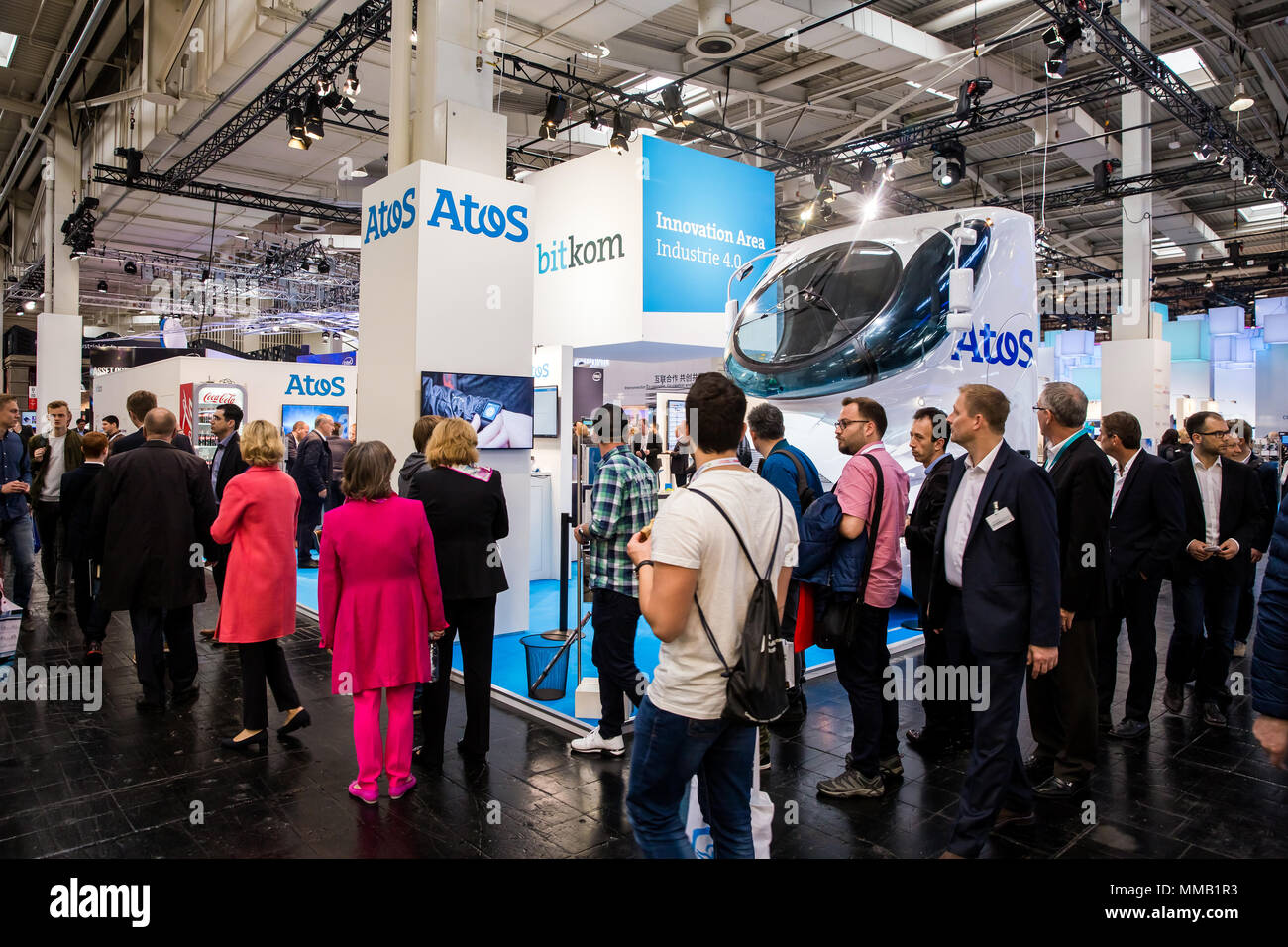 Hannover, Germany - April, 2018: Atos Bitkom booth stand on Messe fair in Hannover, Germany Stock Photo