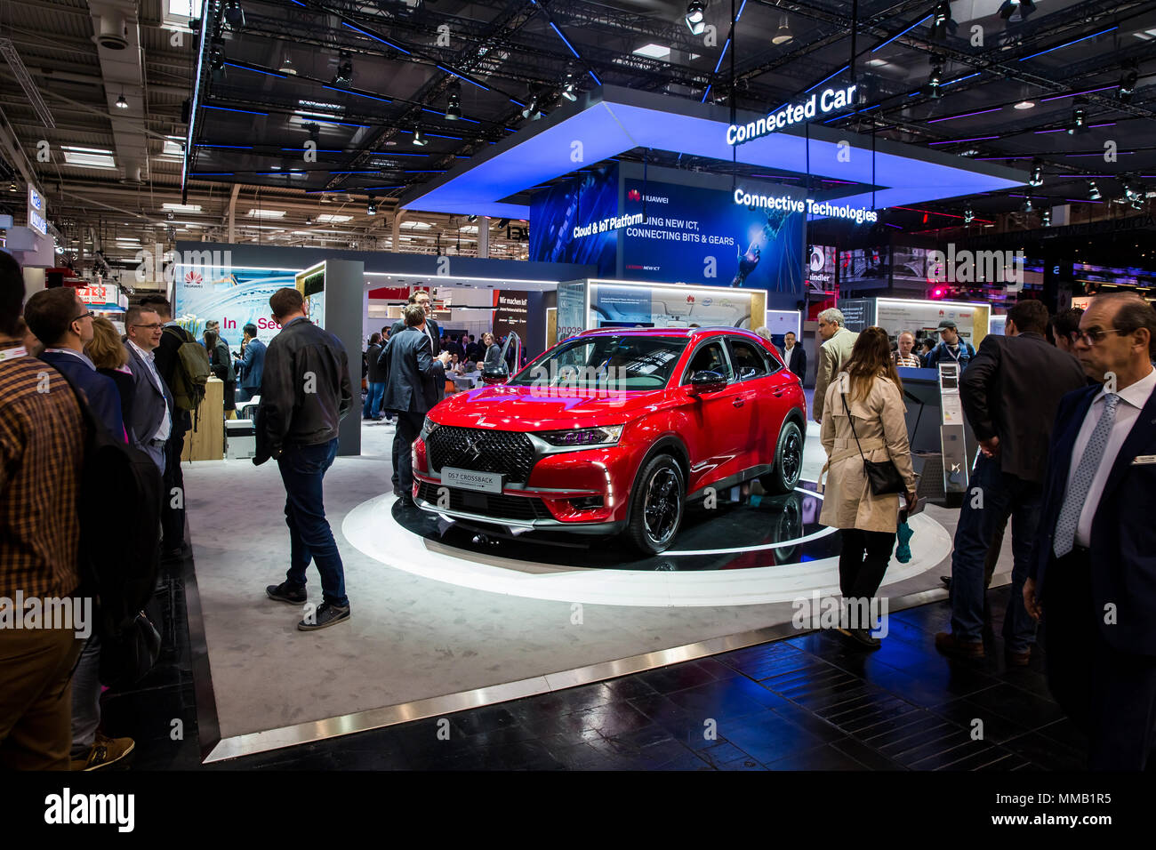 Hannover, Germany - April, 2018: Connective technologies, connected DS7 Crossback car on Huawei booth stand on Messe fair in Hannover, Germany Stock Photo
