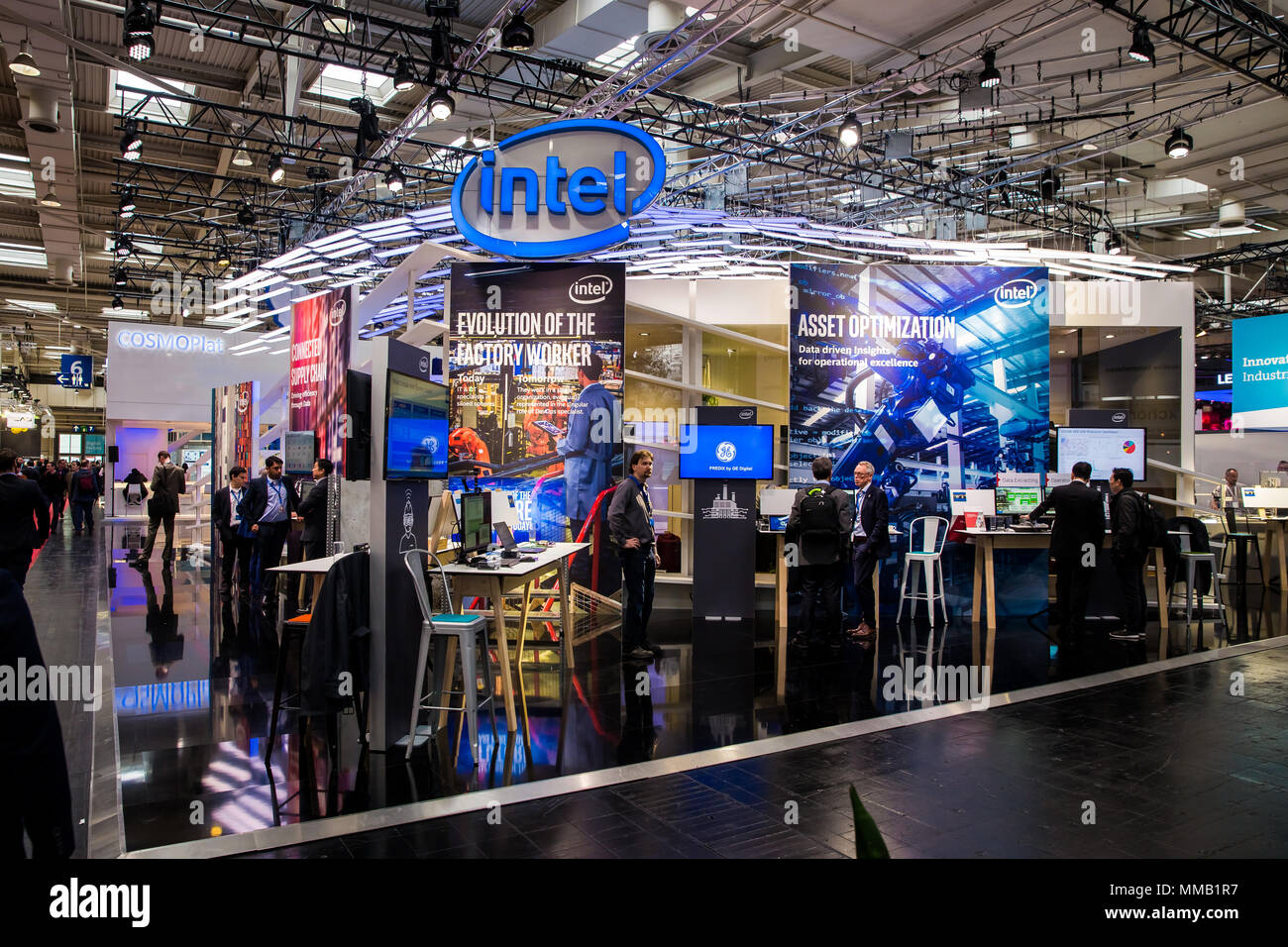 Hannover, Germany - April, 2018: Intel booth stand on Messe fair in Hannover, Germany Stock Photo