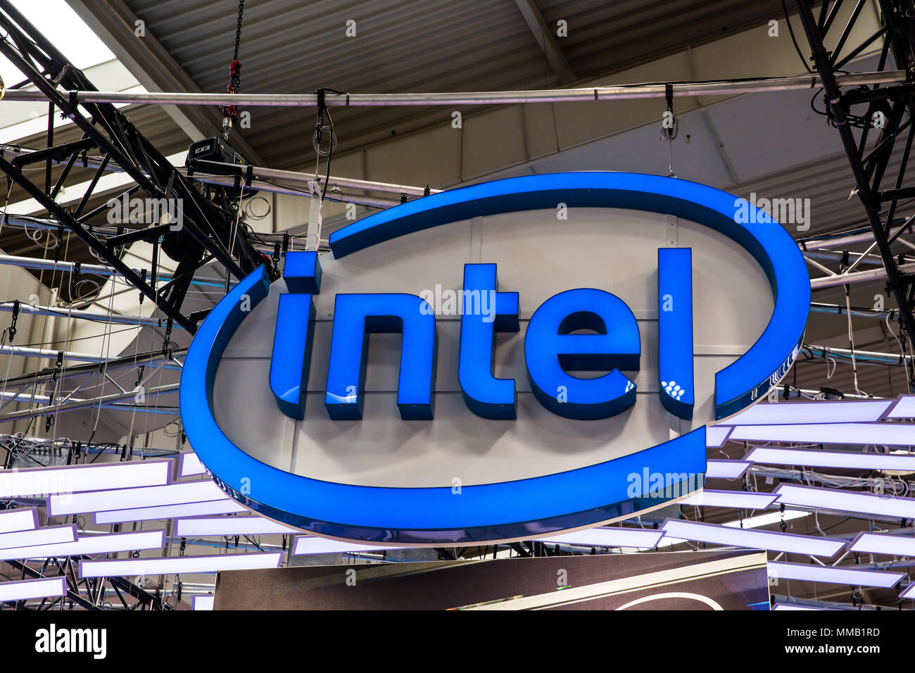 Hannover, Germany - April, 2018: Intel logo sign on booth stand on Messe fair in Hannover, Germany Stock Photo