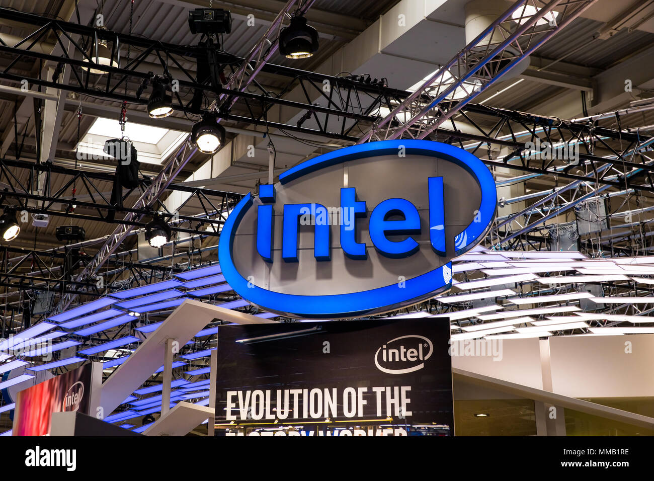 Hannover, Germany - April, 2018: Intel logo sign on booth stand on Messe fair in Hannover, Germany Stock Photo