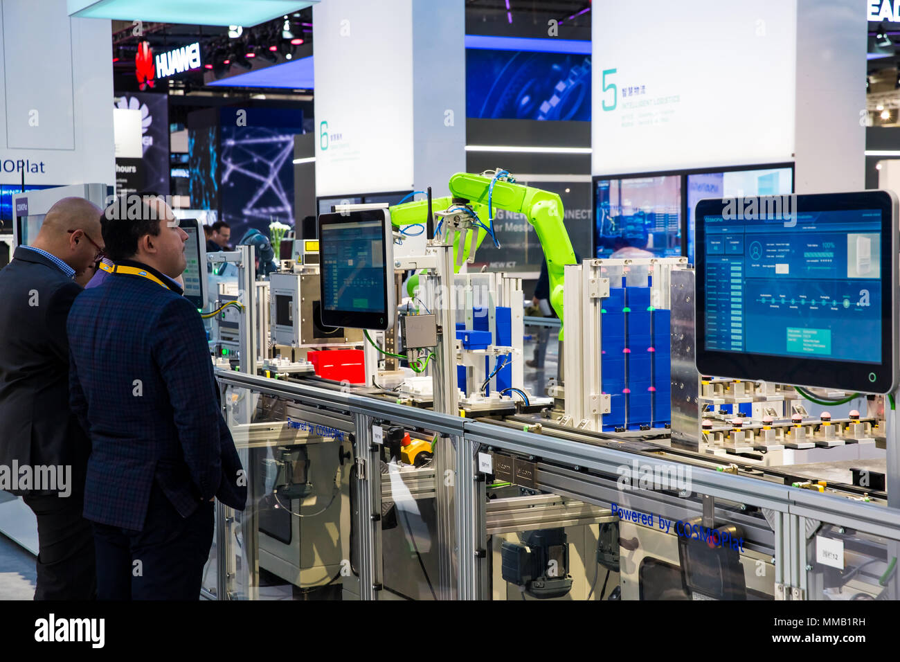 Hannover, Germany - April, 2018: Industrial assembly line with robots powerded by COSMOPlat on Messe fair in Hannover, Germany Stock Photo