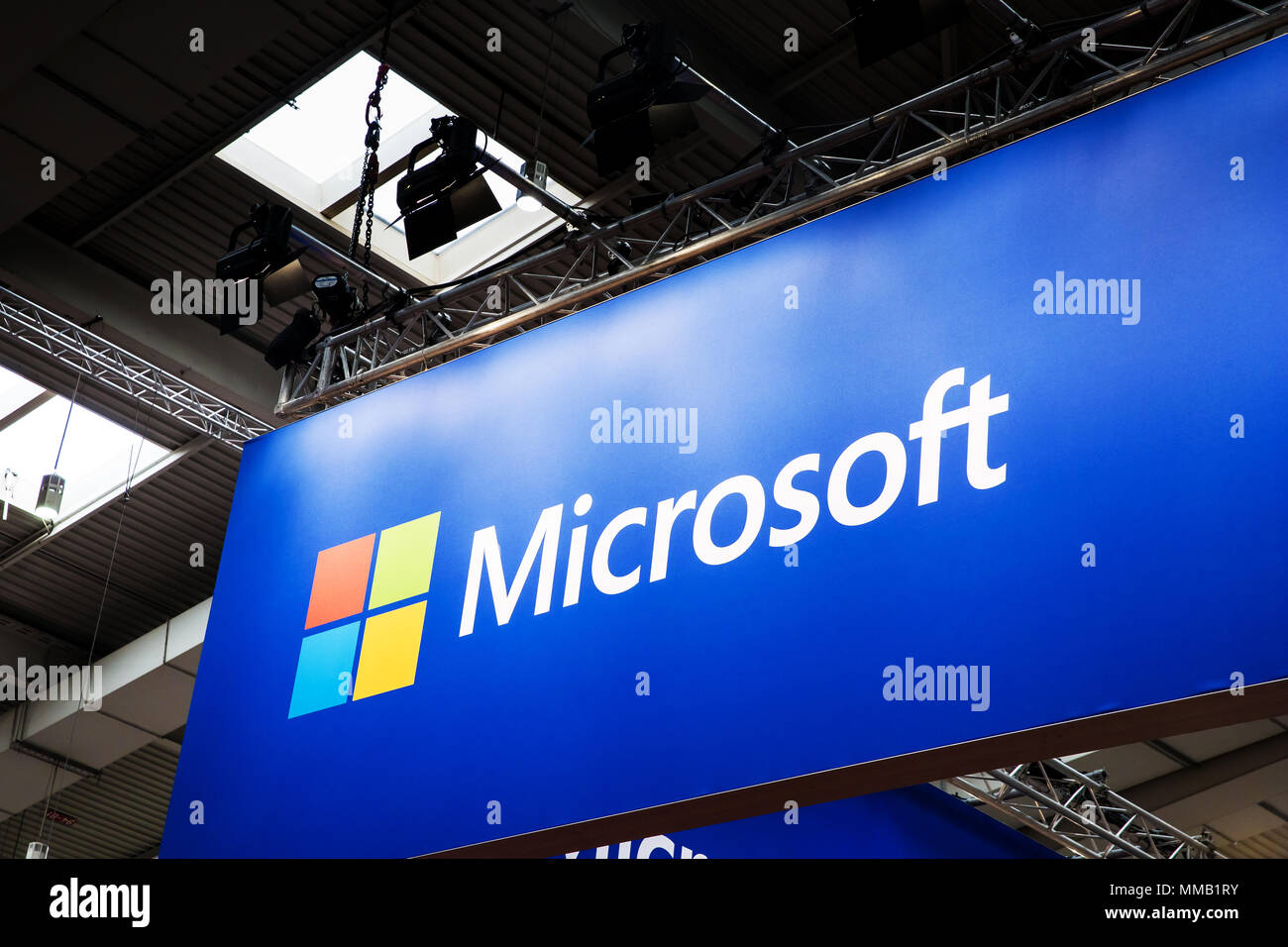 Hannover, Germany - April, 2018: Microsoft booth stand on Messe fair in Hannover, Germany Stock Photo
