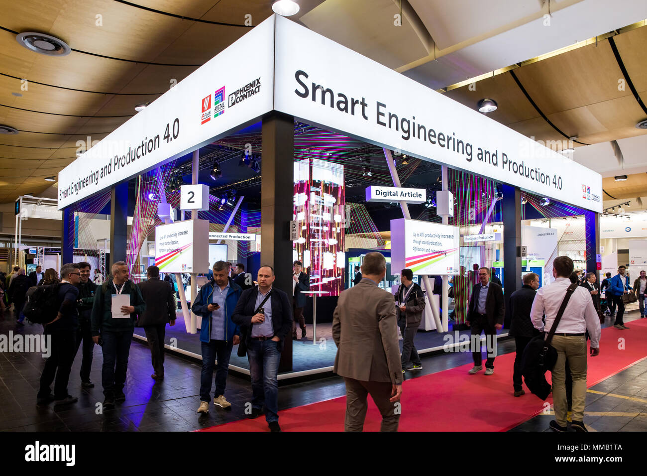 Hannover, Germany - April, 2018: Smart engineering and production 4.0 booth stand on Messe fair in Hannover, Germany Stock Photo