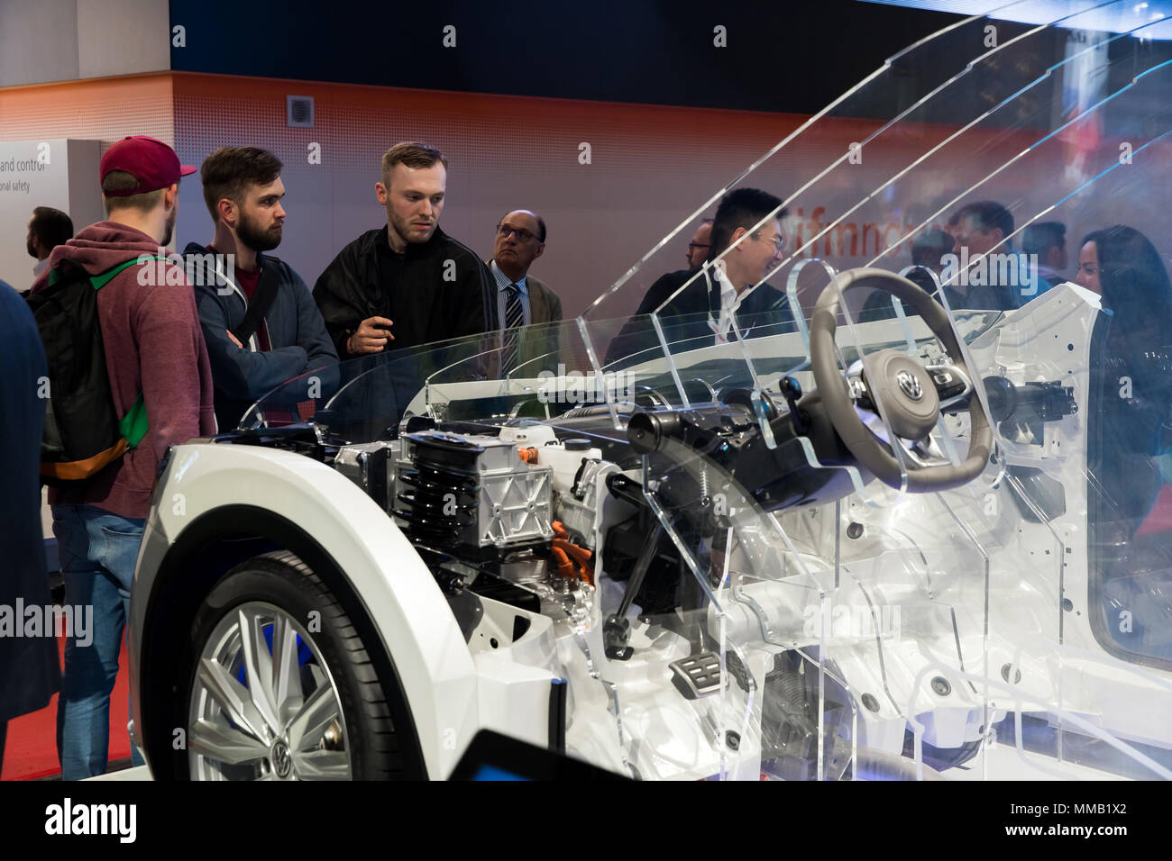 Hannover, Germany - April, 2018: Digital Enterprise in the automotive industry, Volkswagen Tiguan prototype on Siemens stand on Messe fair in Hannover Stock Photo