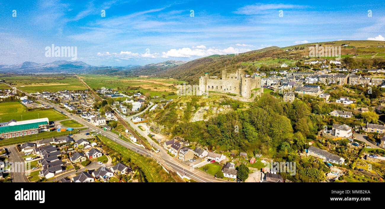 Aerial view of the skyline of Harlech with it's 12th century castle