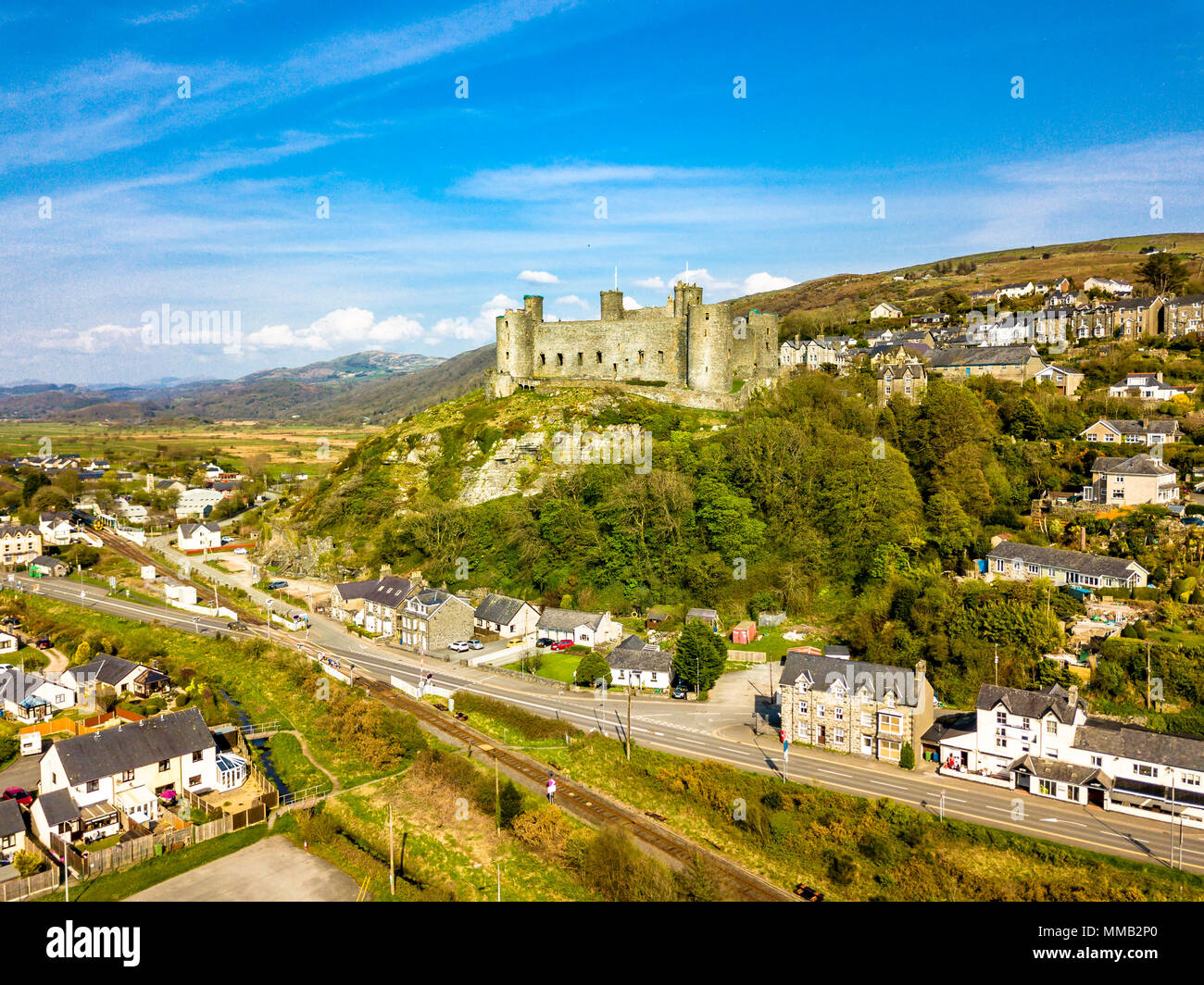 Aerial view of the skyline of Harlech with it's 12th century castle