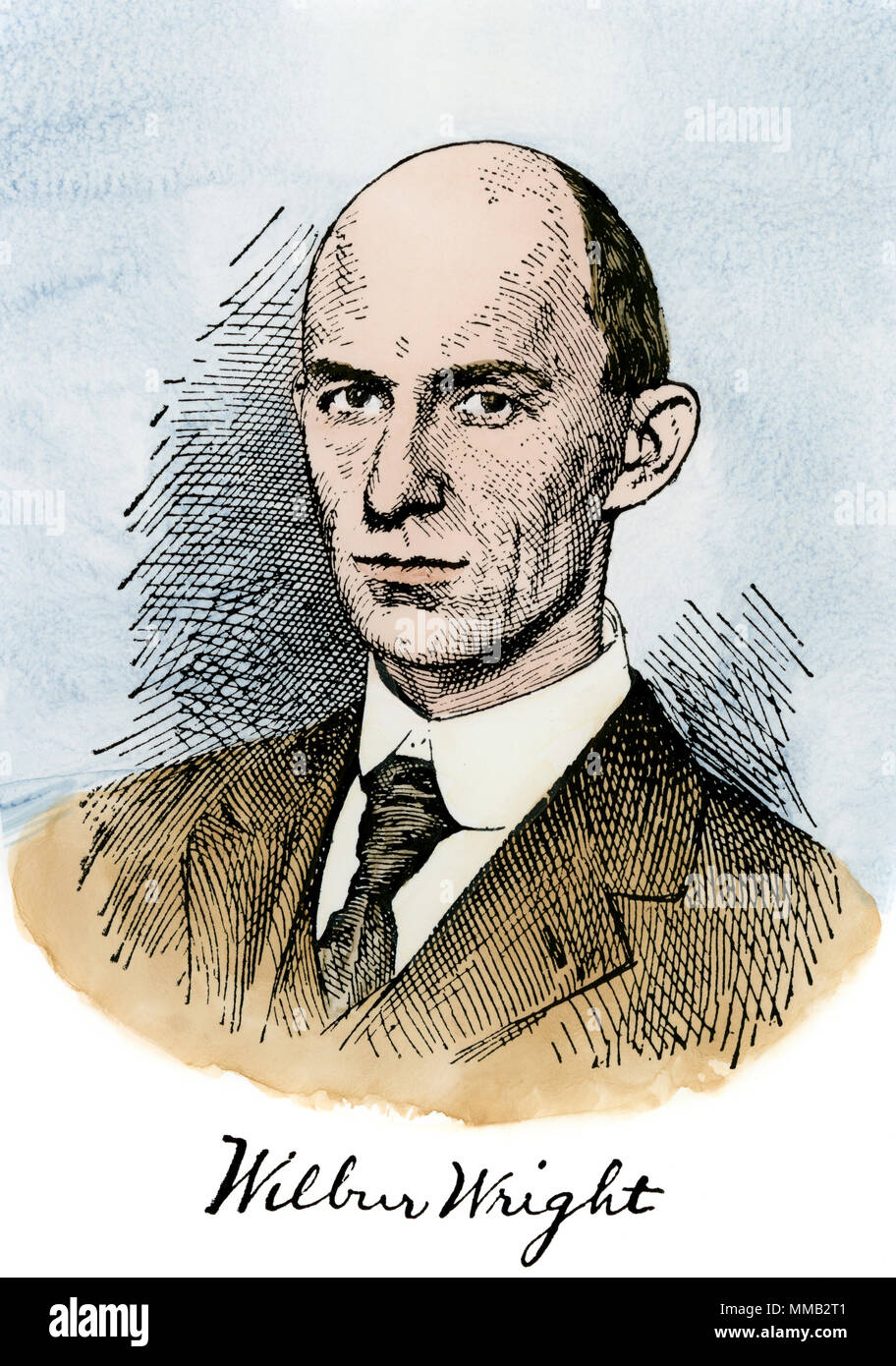 Wilbur Wright, with his autograph. Hand-colored woodcut Stock Photo