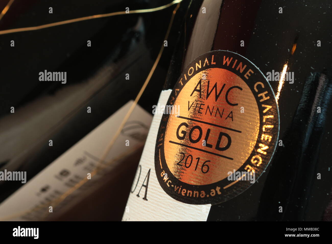 Wine bottles in cardboard box. Wine bottle labels. Portada Portuguese