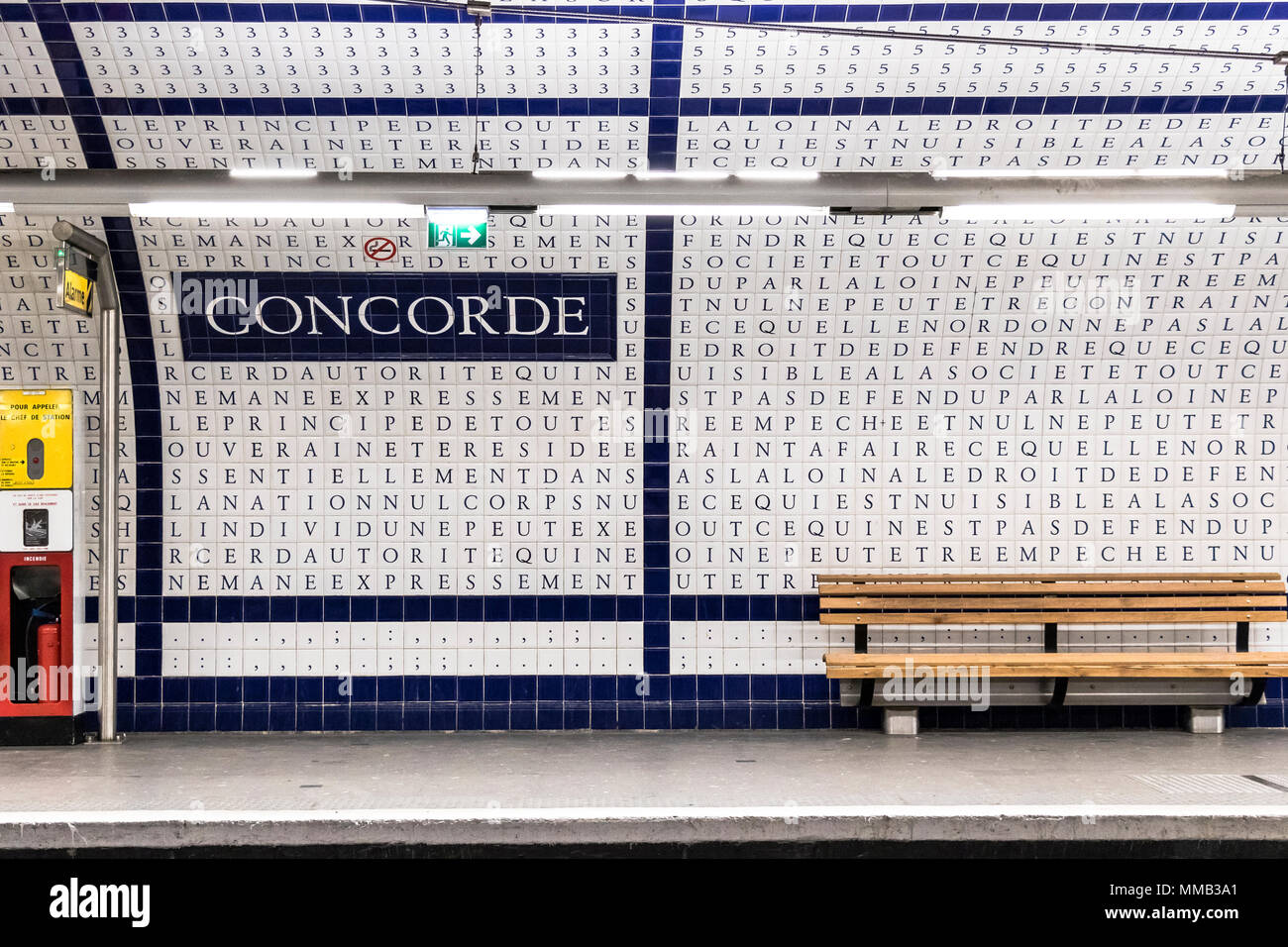 The Paris Metro Concorde station has 49,000 enameled tiles with letters, covering the entire vaulted ceiling and walls of this Line 12 station Stock Photo