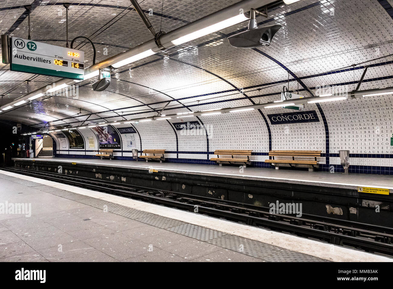 The Paris Metro Concorde station has 49,000 enameled tiles with letters, covering the entire vaulted ceiling and walls of this Line 12 station Stock Photo