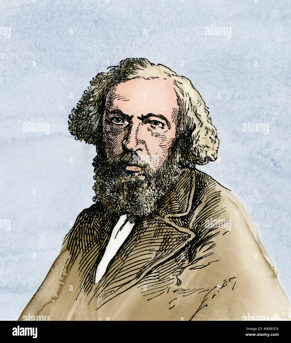 Dmitry Mendeleev, who developed the periodic table. Hand-colored woodcut Stock Photo