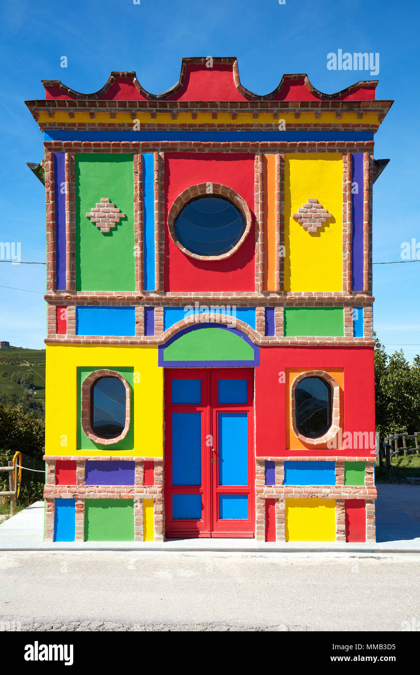 Cappella del Barolo, little colorful church by Sol Lewitt in a sunny summer day in Piedmont in Barolo, Italy Stock Photo