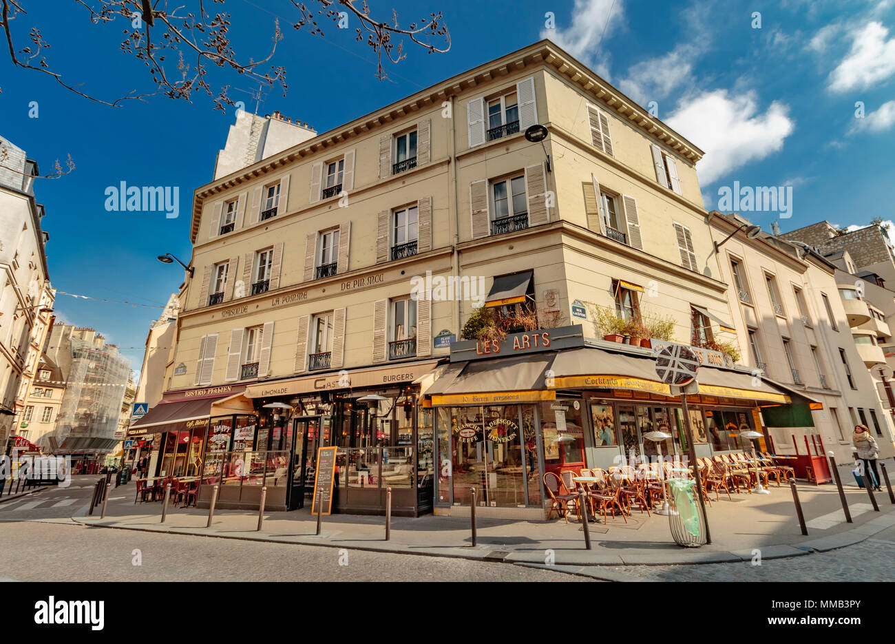 Restaurants and cafes on The Place de la Contrescarpe ,near Rue Mouffetard , Paris , France Stock Photo