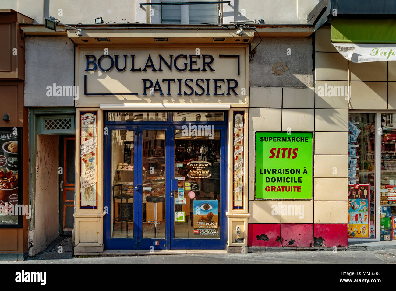 Bakery shop or Boulanger Pattissier in the Place de la Contrescarpe , Paris ,France Stock Photo