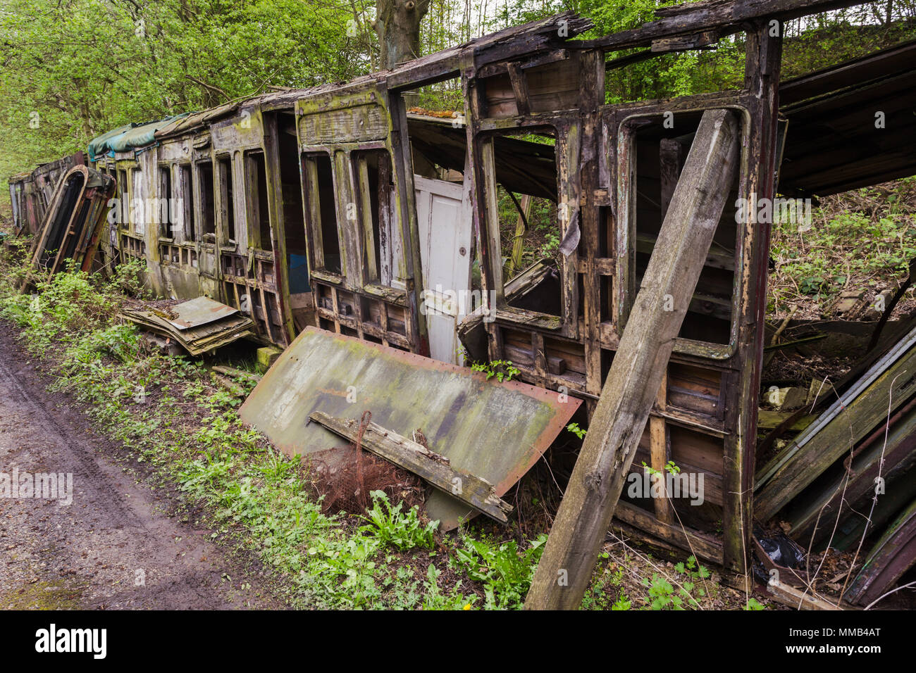 Old abandoned wooden rail carriages from the 1880s, Swanwick Junction