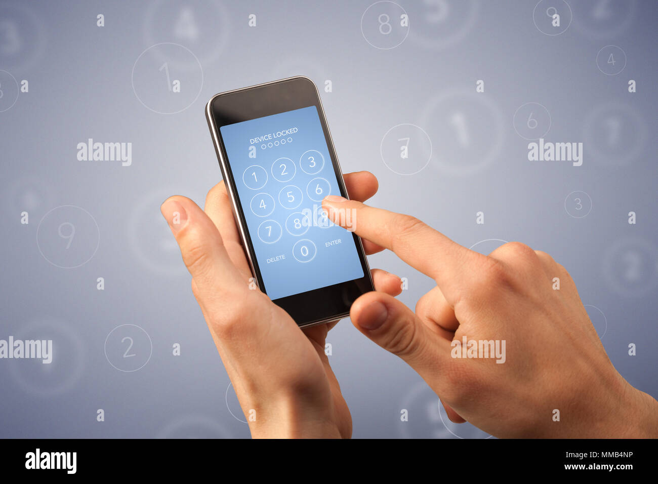 Female fingers touching smartphone with locked device requiring