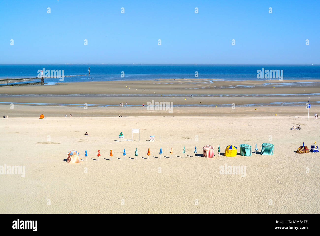 Aerial view on beach in deauville with parasols, Normandy, france Stock Photo