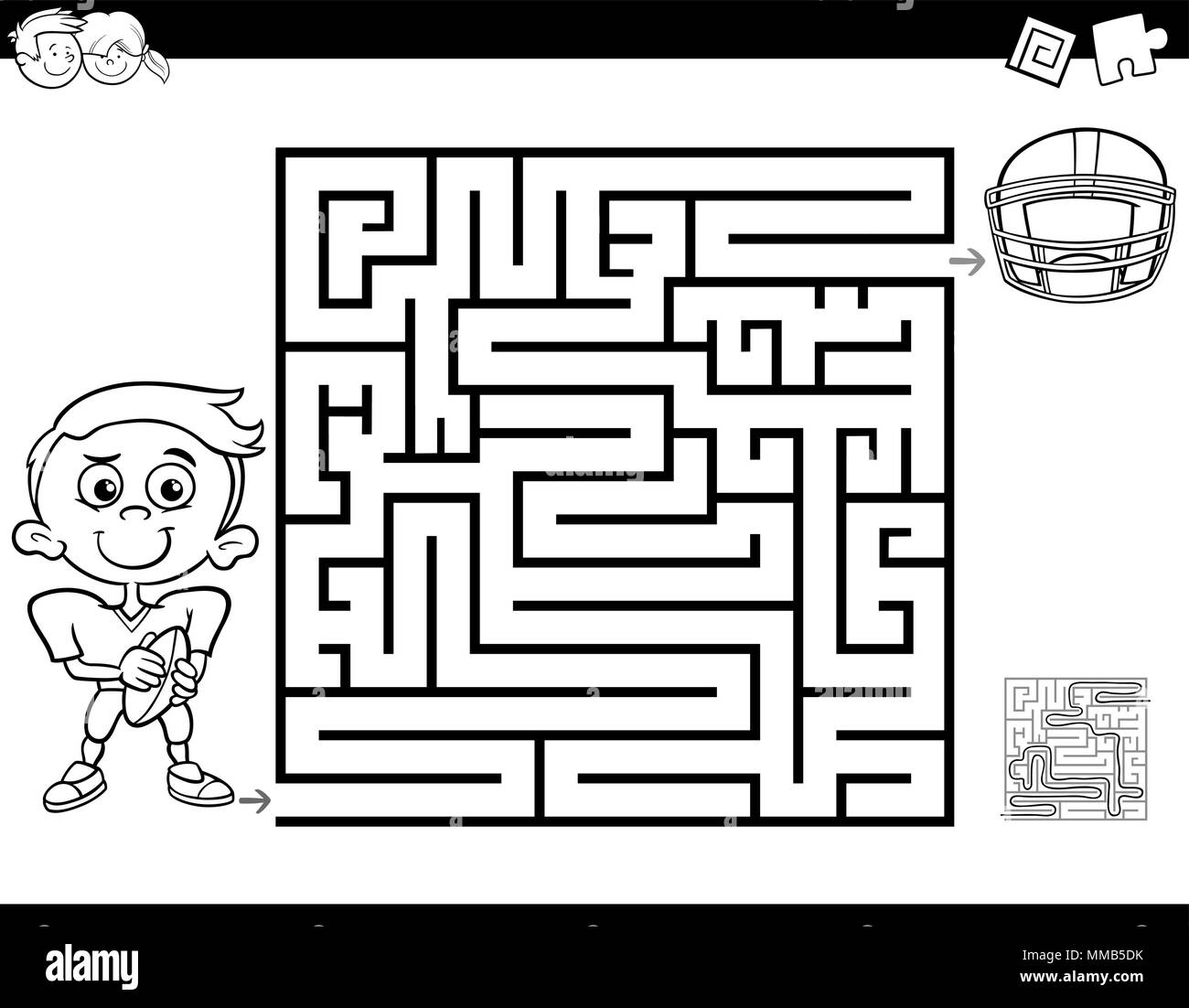 Black and White Cartoon Illustration of Education Maze or Labyrinth Activity Game for Children with Little Boy and Football Coloring Book Stock Vector