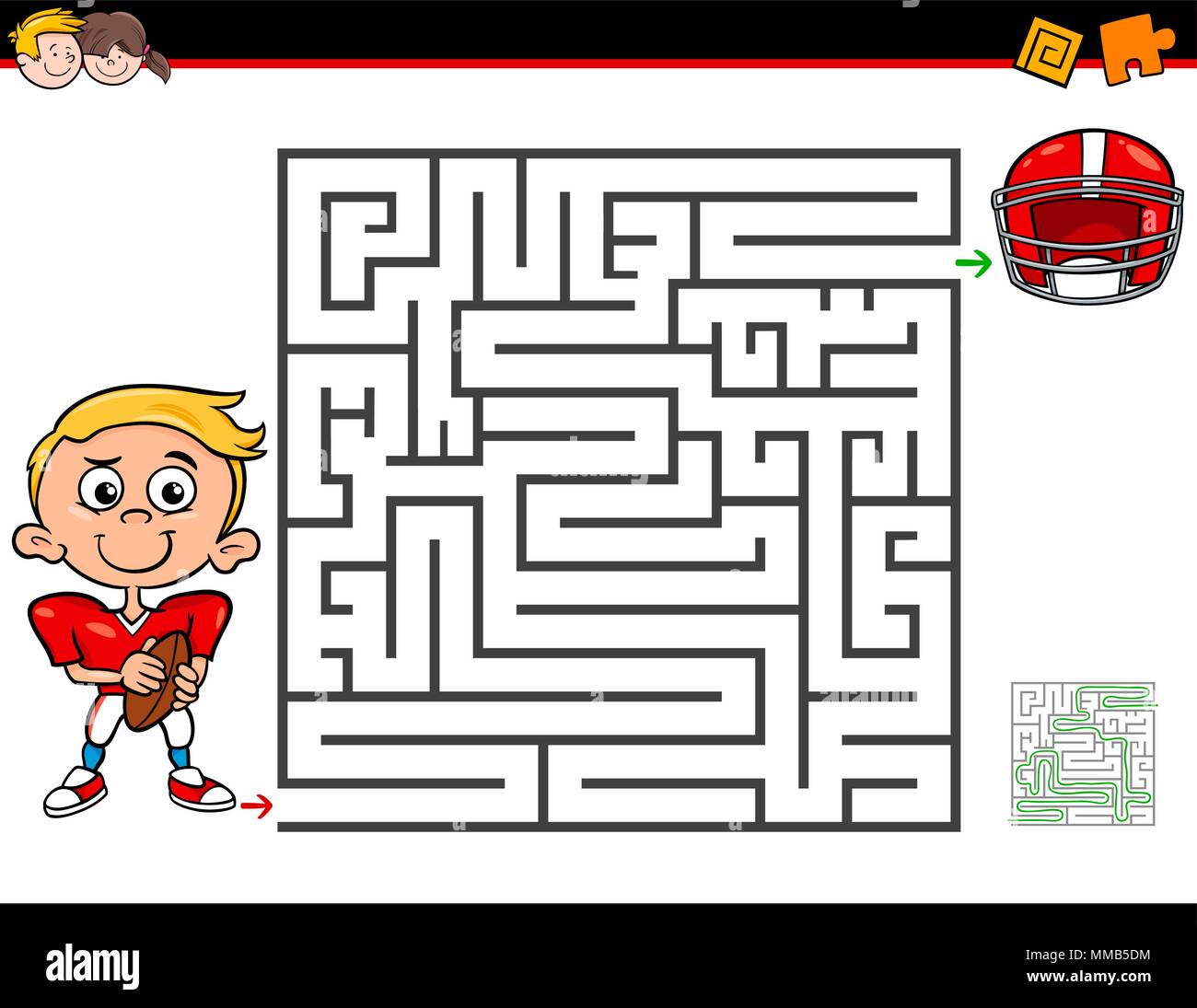 Cartoon Illustration of Education Maze or Labyrinth Activity Game for Children with Little Boy and Football Stock Vector