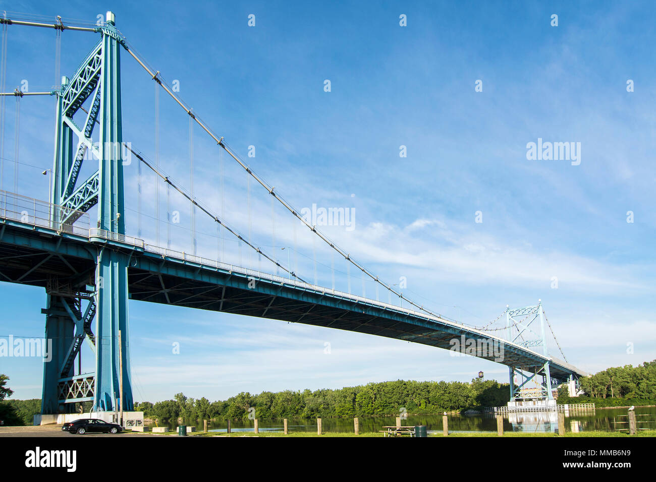 A panoramic view of downtown Toledo Ohio's Anthony Wayne Bridge or High-Level bridge that crosses the Maumee River. A beautiful blue sky with clouds. Stock Photo
