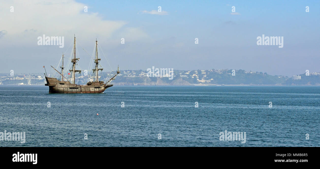 El Galeon Andalucia leaving Torbay after attending a pirates festival in Brixham in Devon. Stock Photo