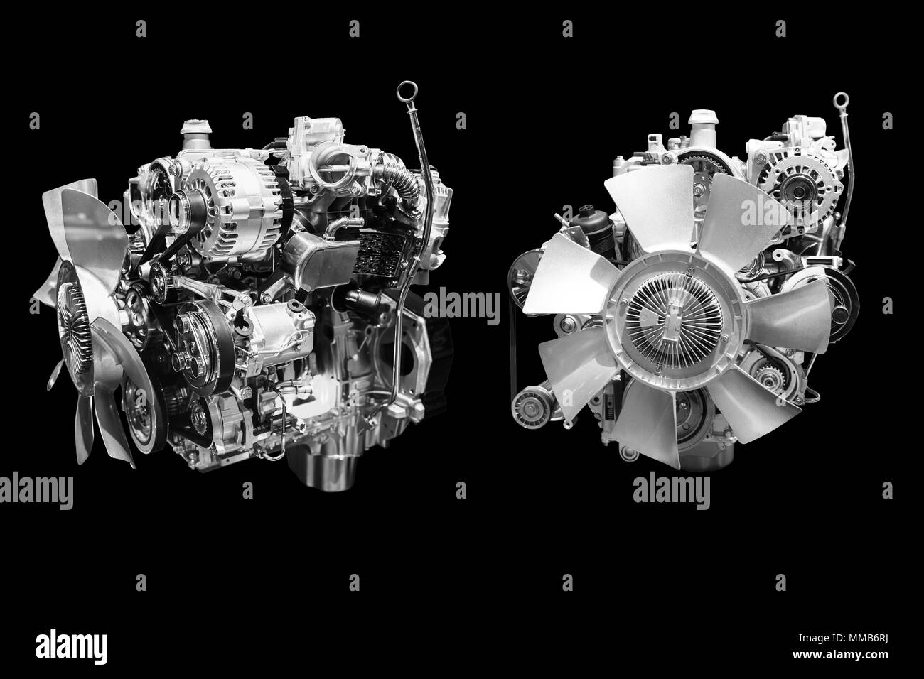 Car Truck Engine front and side view set isolated on black with clipping path. Stock Photo