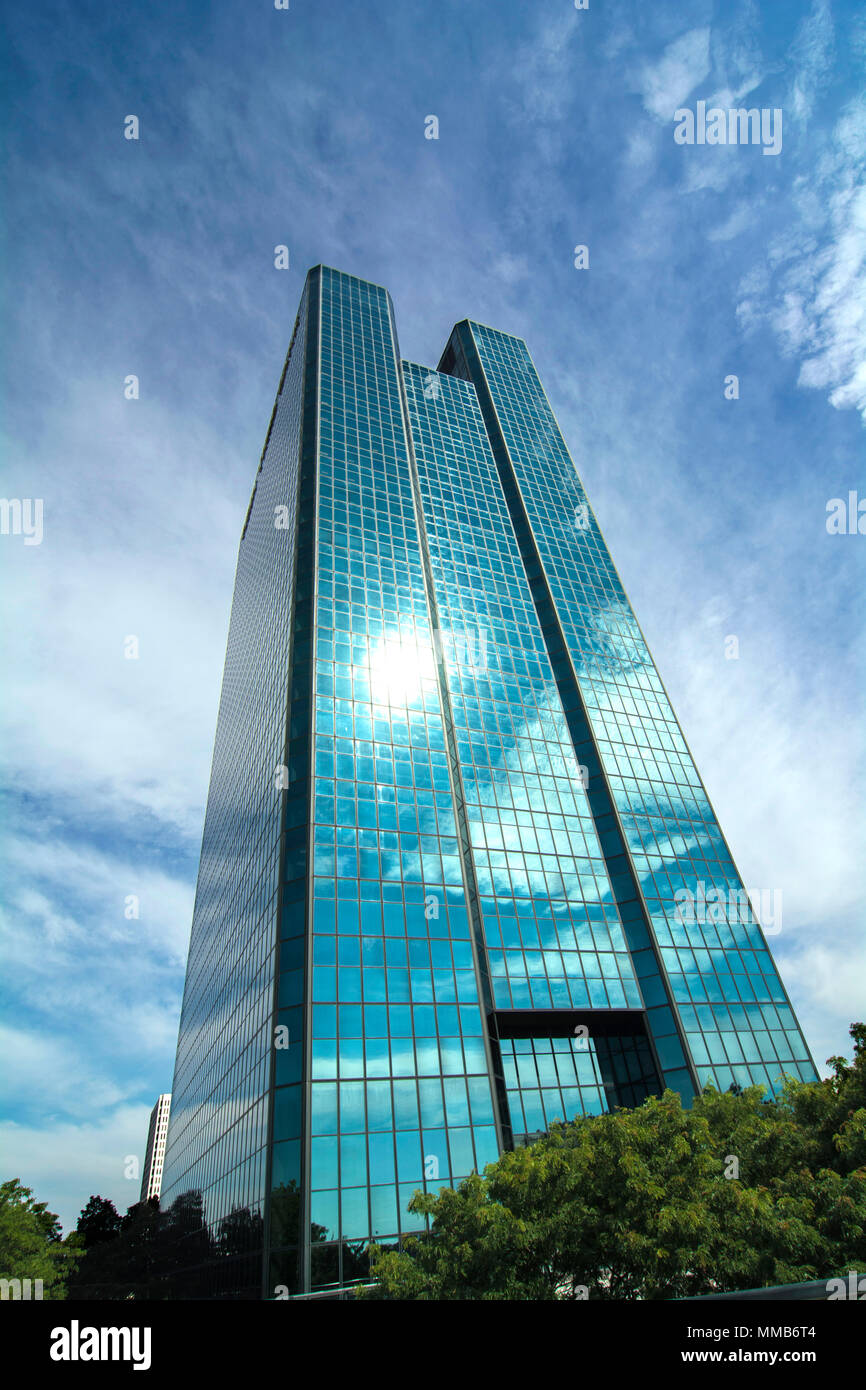 A view of a glass window skyscraper in downtown Toledo Ohio. A