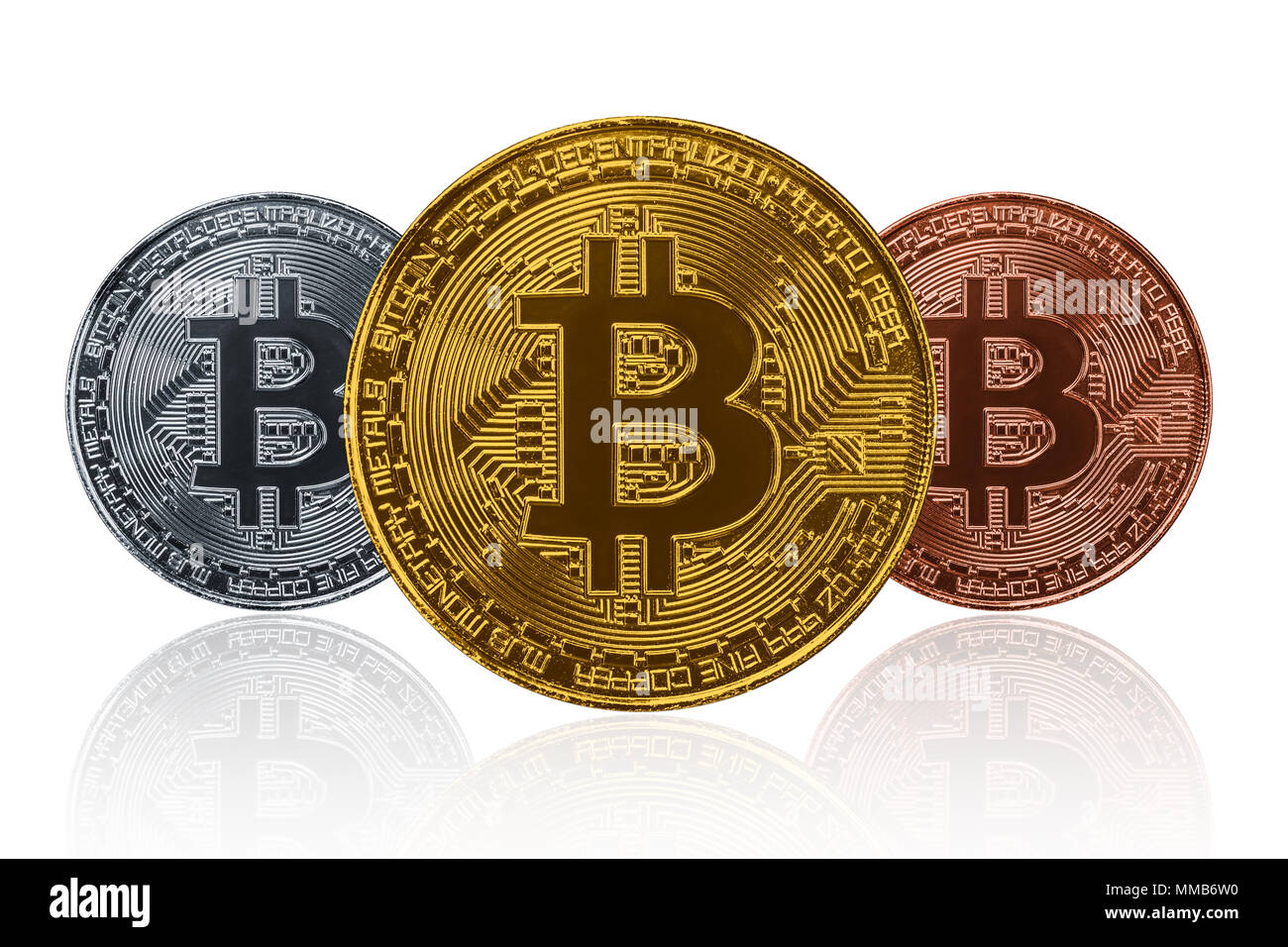 Three type of Bitcoin isolated on white. Visual cryptocurrency coin. Stock Photo