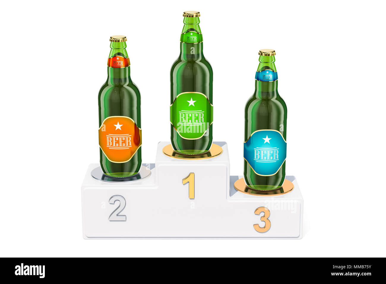 Beer ratings concept. Winners podium with glass beer bottles, 3D ...