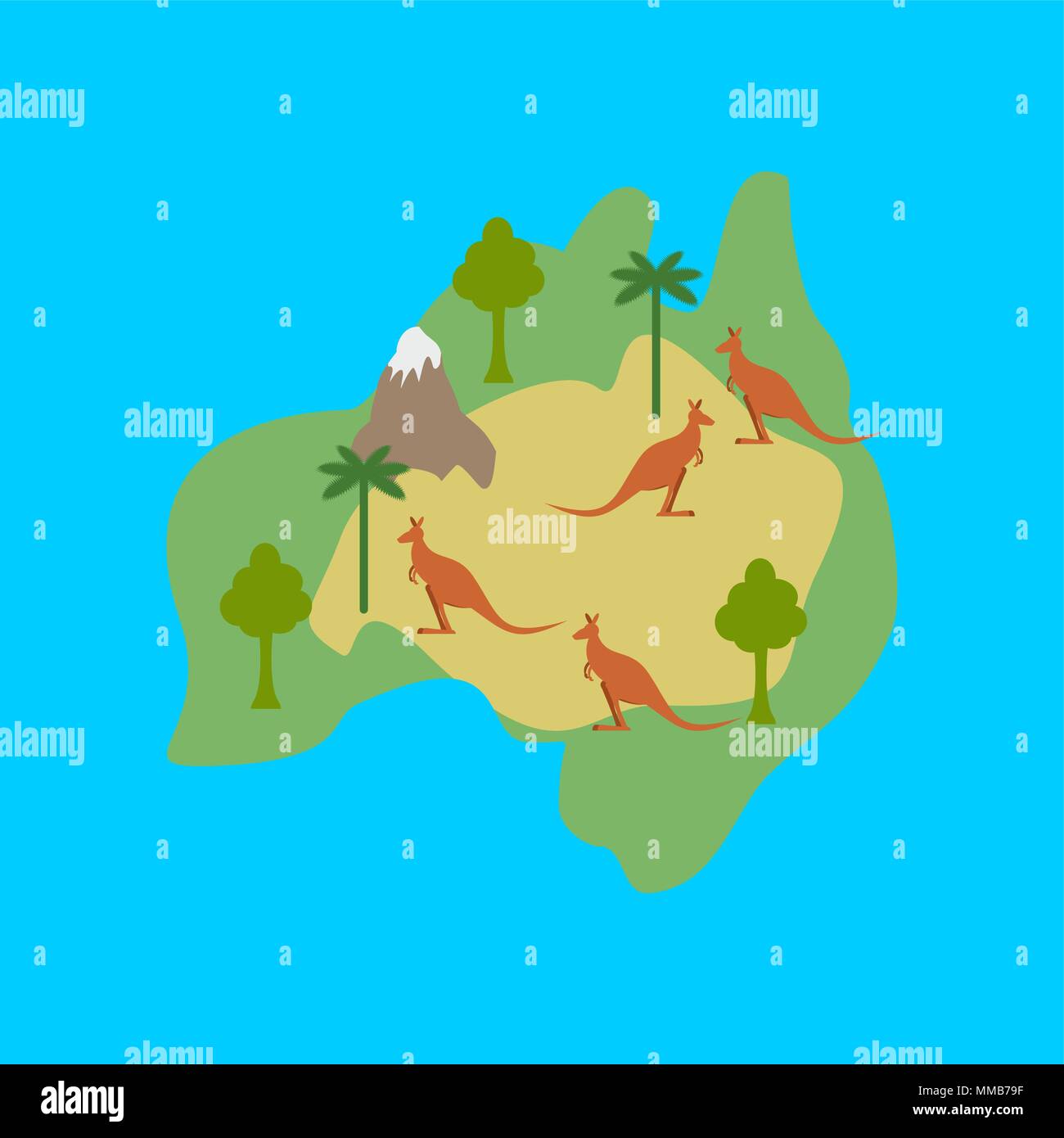 Australia map flora and fauna. Animals and plants on mainland. Vector illustration Stock Vector